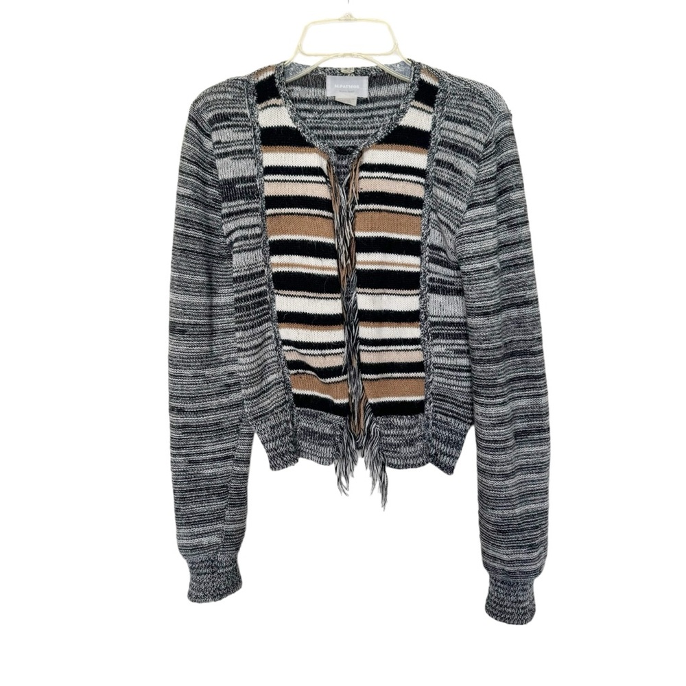 M. Patmos Striped Knit Cardigan Sweater 100% Alpaca Fringe Detail